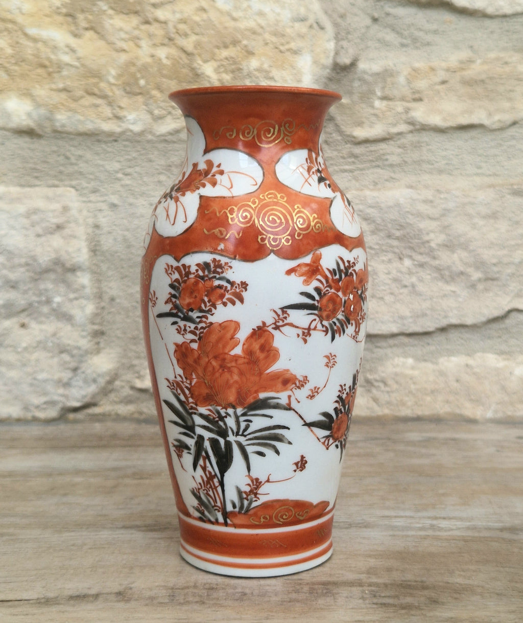 Small Antique Meiji Red Ground Gold Floral Hand-Painted Kutani Vase