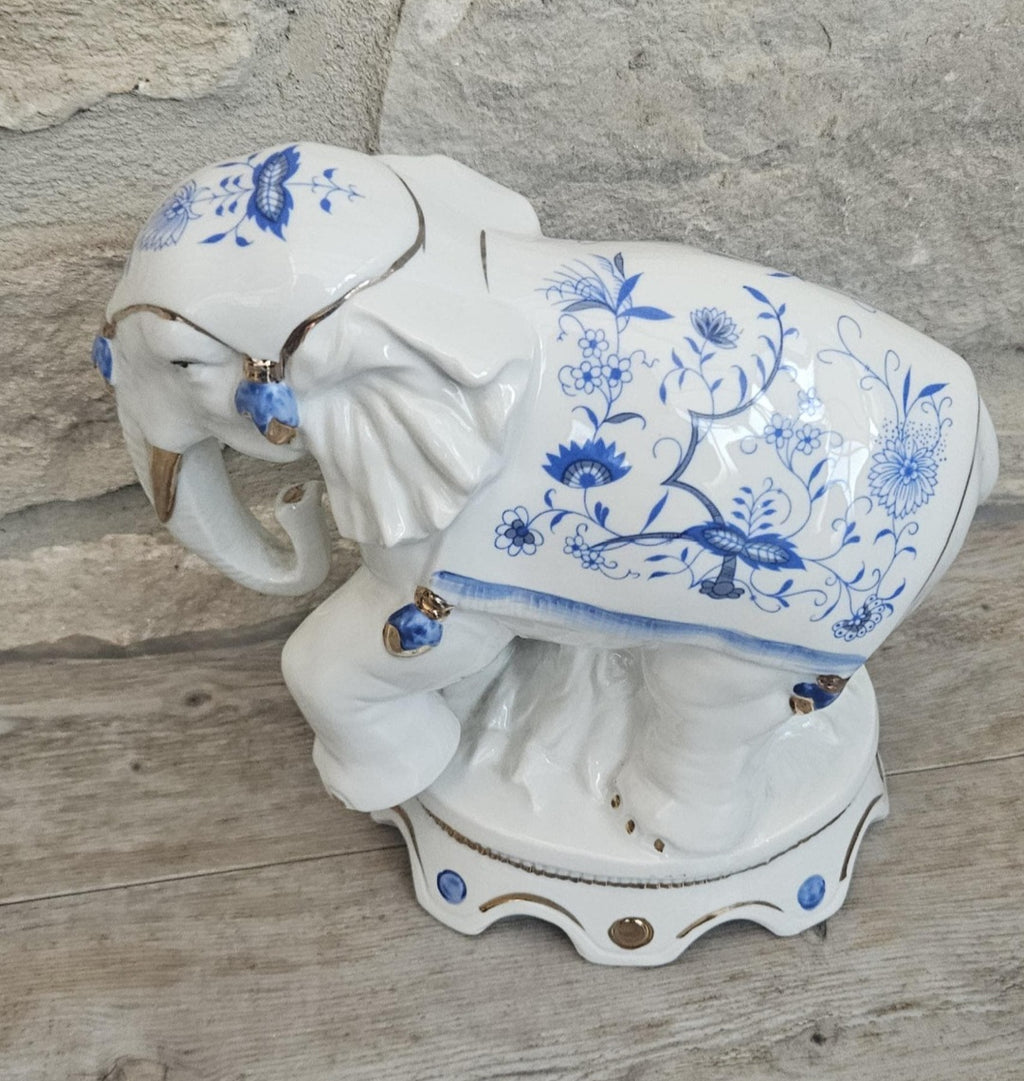 Vintage Elephant Figurine Porcelain Gold Accents Blue & White Floral Pattern Ceramic 7" Tall