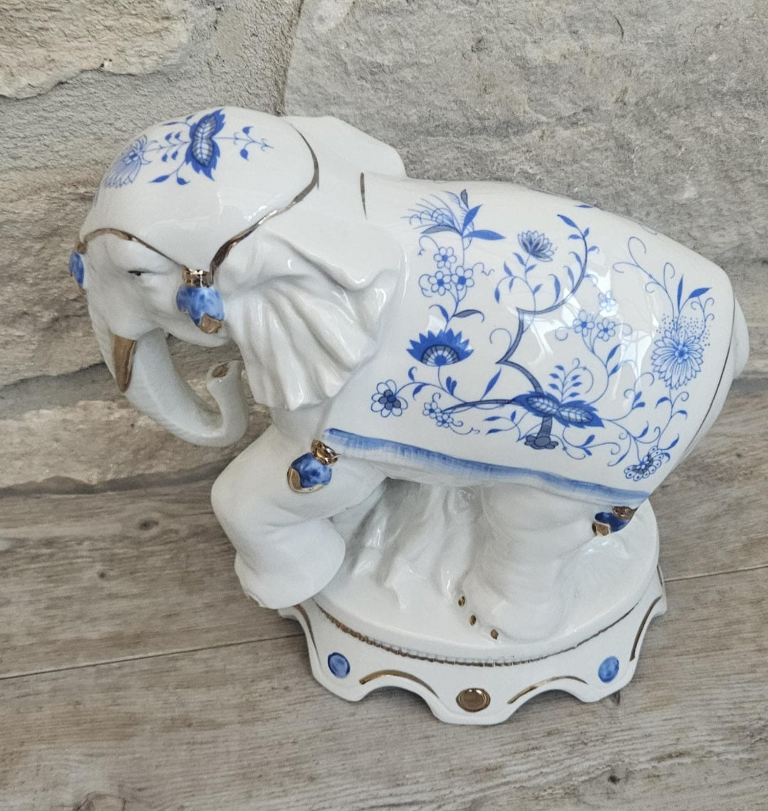 Vintage Elephant Figurine Porcelain Gold Accents Blue & White Floral Pattern Ceramic 7" Tall
