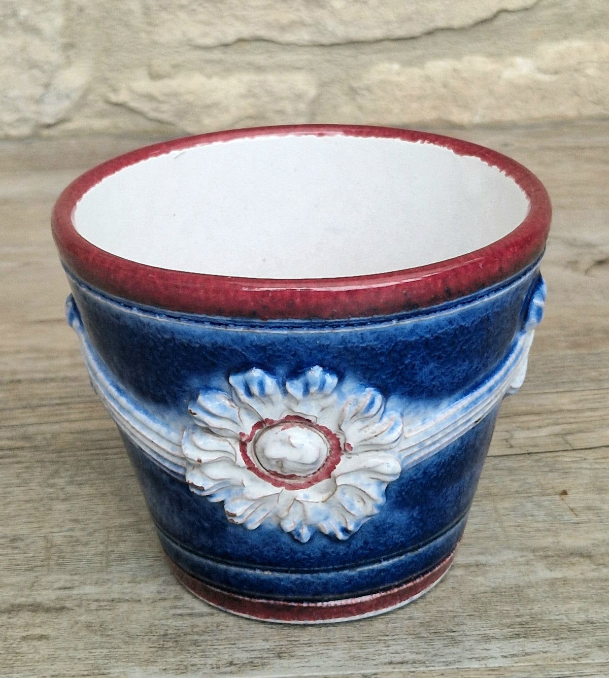 Italian Majolica Ceramic Blue & Red Floral Planter Vase Vintage