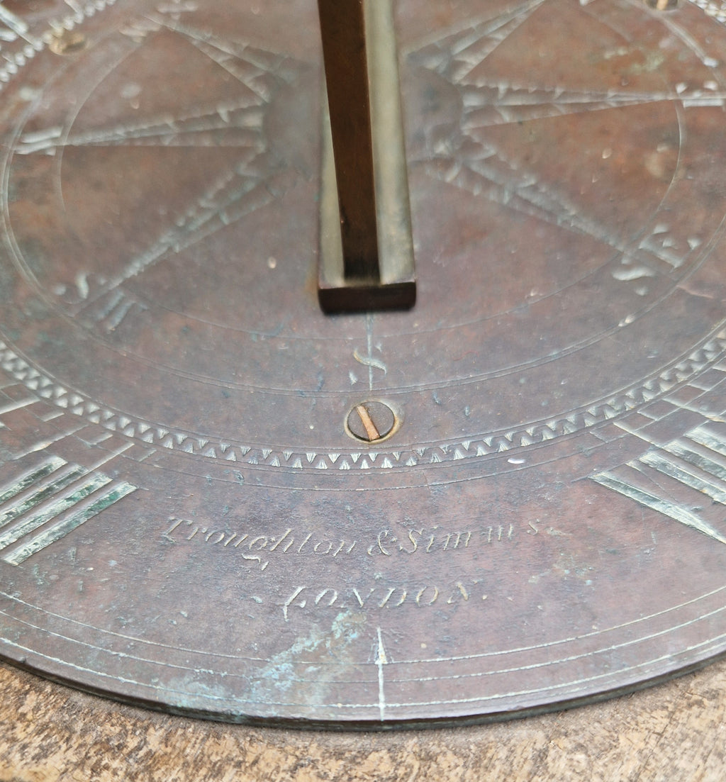 Antique Troughton & Simms London Brass Sundial, Mid-Victorian Horizontal Garden Dial Plate c.1850