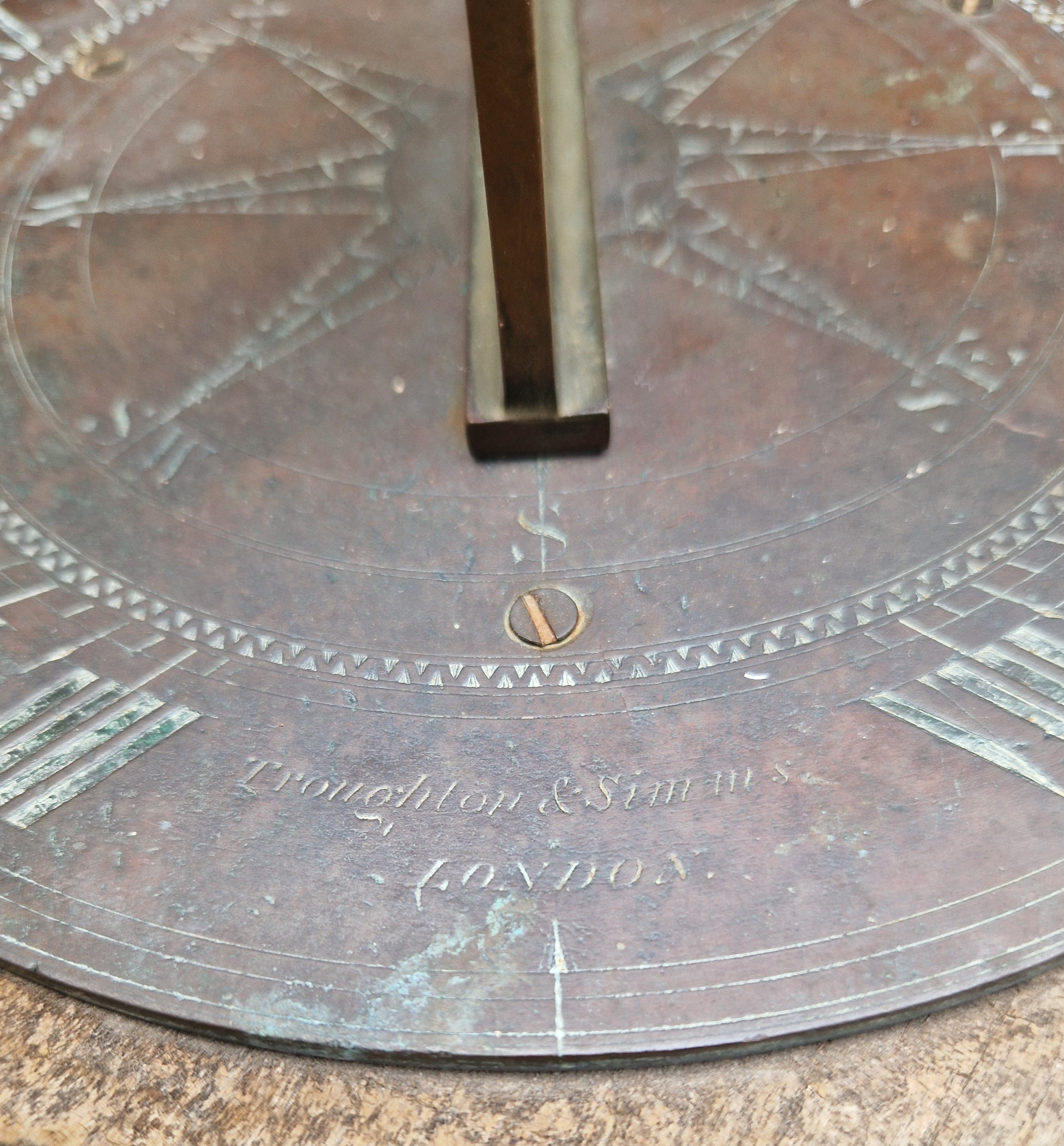 Antique Troughton & Simms London Brass Sundial, Mid-Victorian Horizontal Garden Dial Plate c.1850