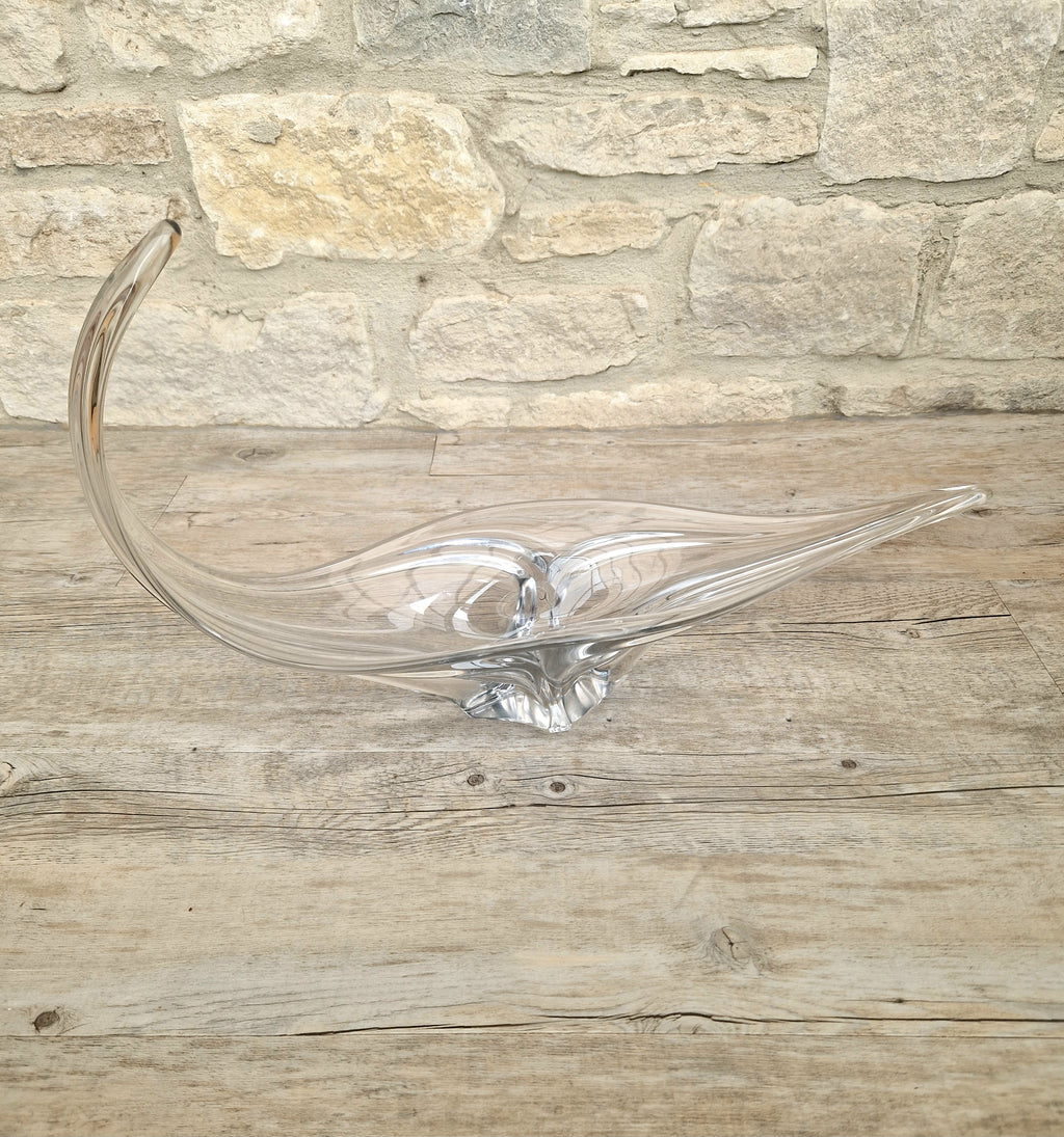 Vintage Art Vannes France Signed Lead Crystal Centerpiece | 1950s Mid Century Modern Biomorphic Freeform Sculptural Glass Bowl