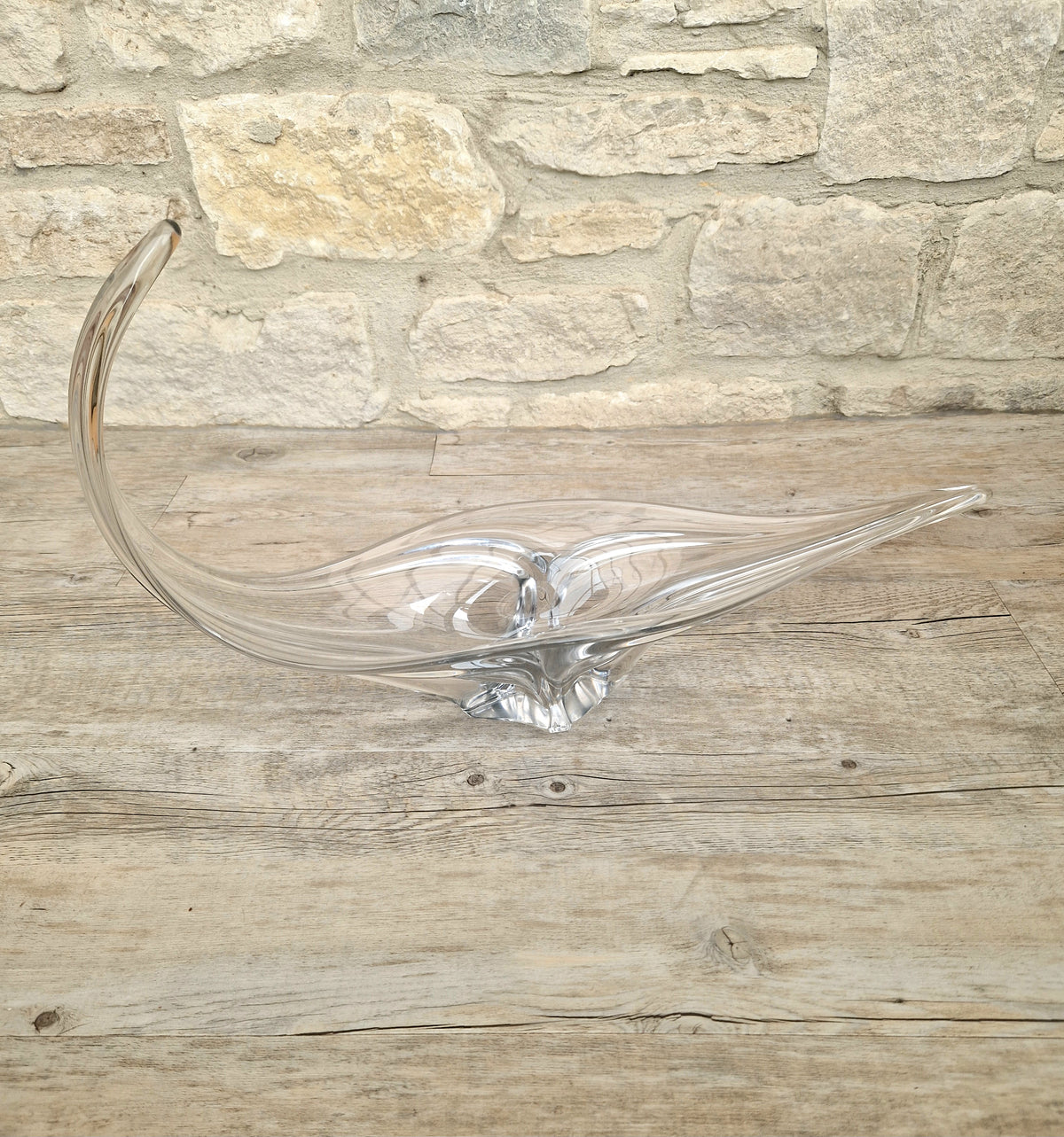 Vintage Art Vannes France Signed Lead Crystal Centerpiece | 1950s Mid Century Modern Biomorphic Freeform Sculptural Glass Bowl