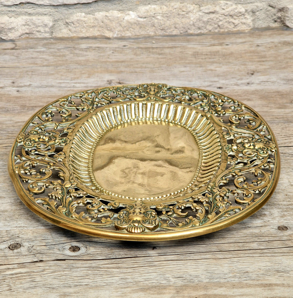Antique 19thC Baroque Cast Brass Architectural Mount Appliqué Ornate Mascaron Filigree Vanity Card Tray Plate Hand-Tooled Pattern 1018