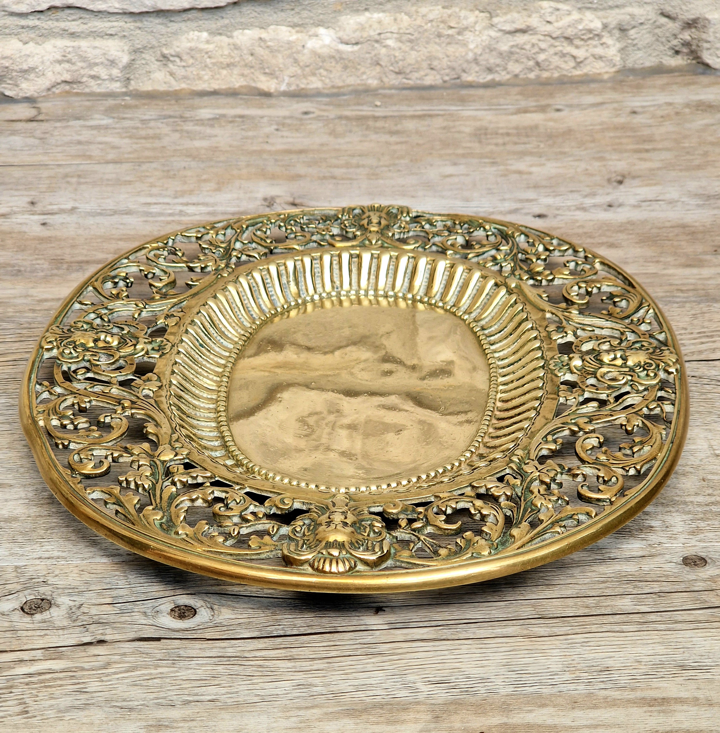 Antique 19thC Baroque Cast Brass Architectural Mount Appliqué Ornate Mascaron Filigree Vanity Card Tray Plate Hand-Tooled Pattern 1018