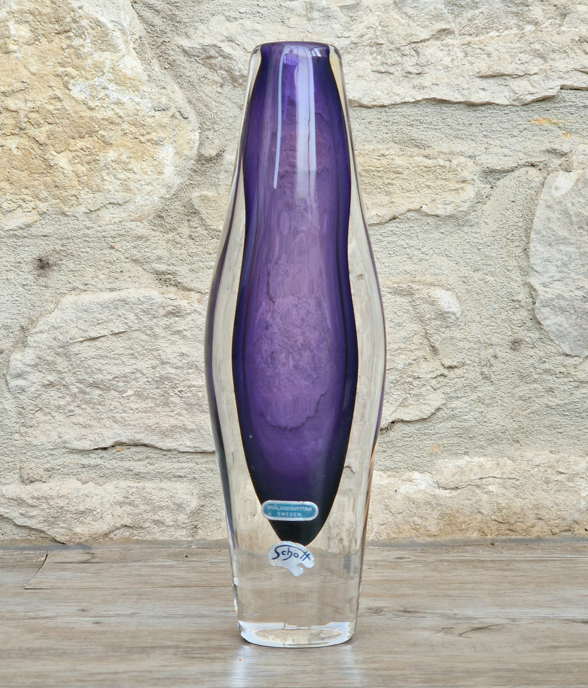 Vintage Smålandshyttan Sweden Amethyst Glass Vase Josef Schott Double Label Mid Century 20cm