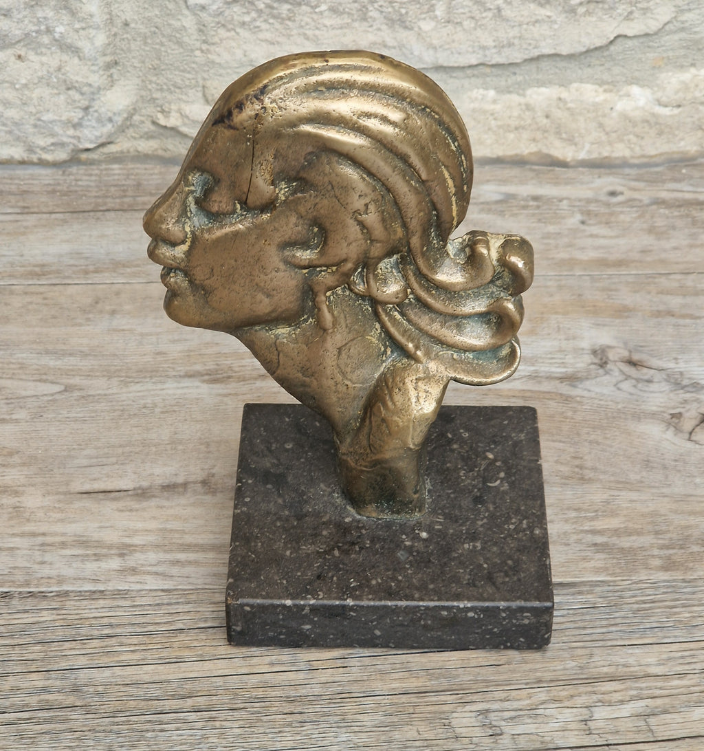 Art Deco Cast Bronze Girl's Head Profile Black Marble Mounted Desk Sculpture