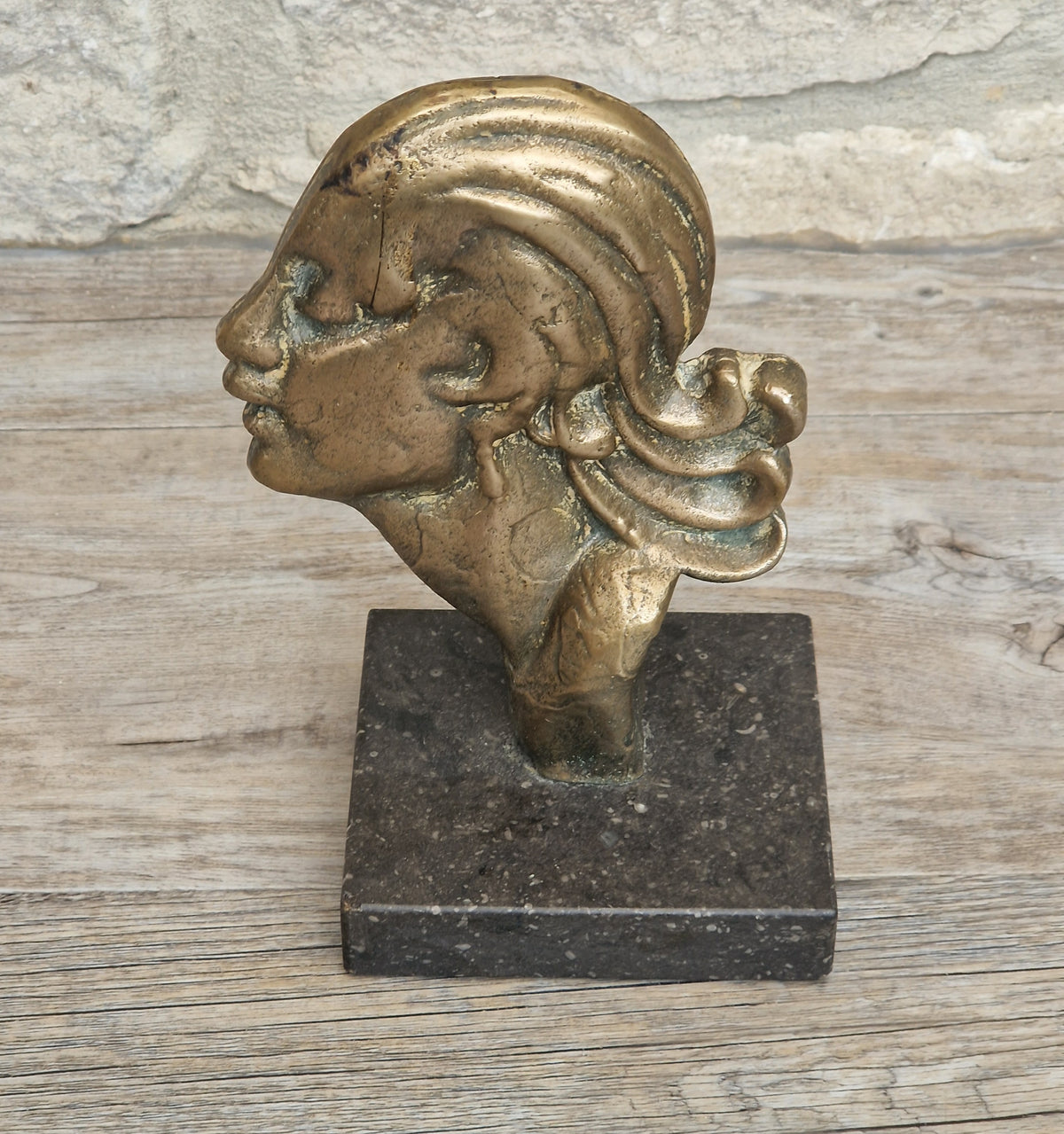 Art Deco Cast Bronze Girl's Head Profile Black Marble Mounted Desk Sculpture