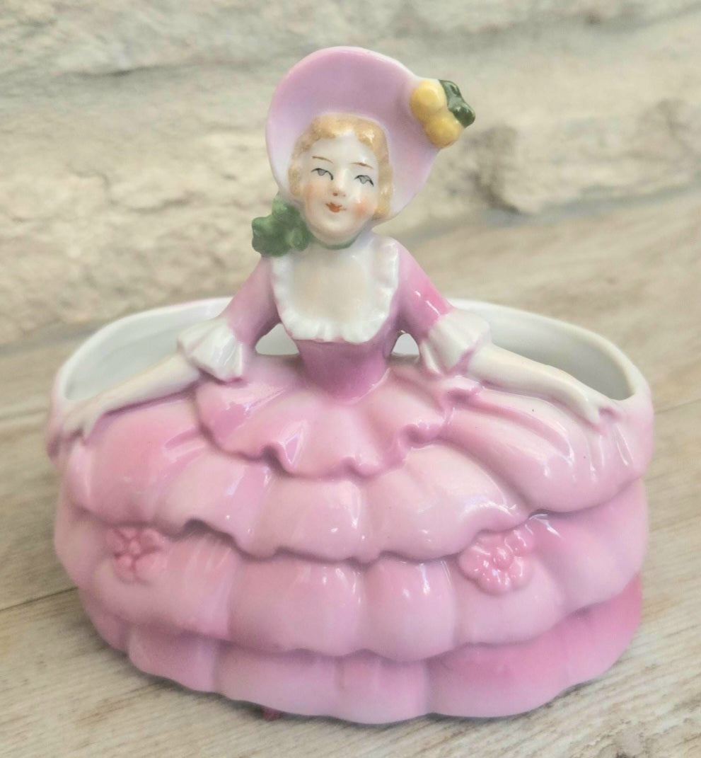Antique Pink Lady Crinoline Dress Victorian Era Porcelain Dressing Table Decor Boudoir Figurine