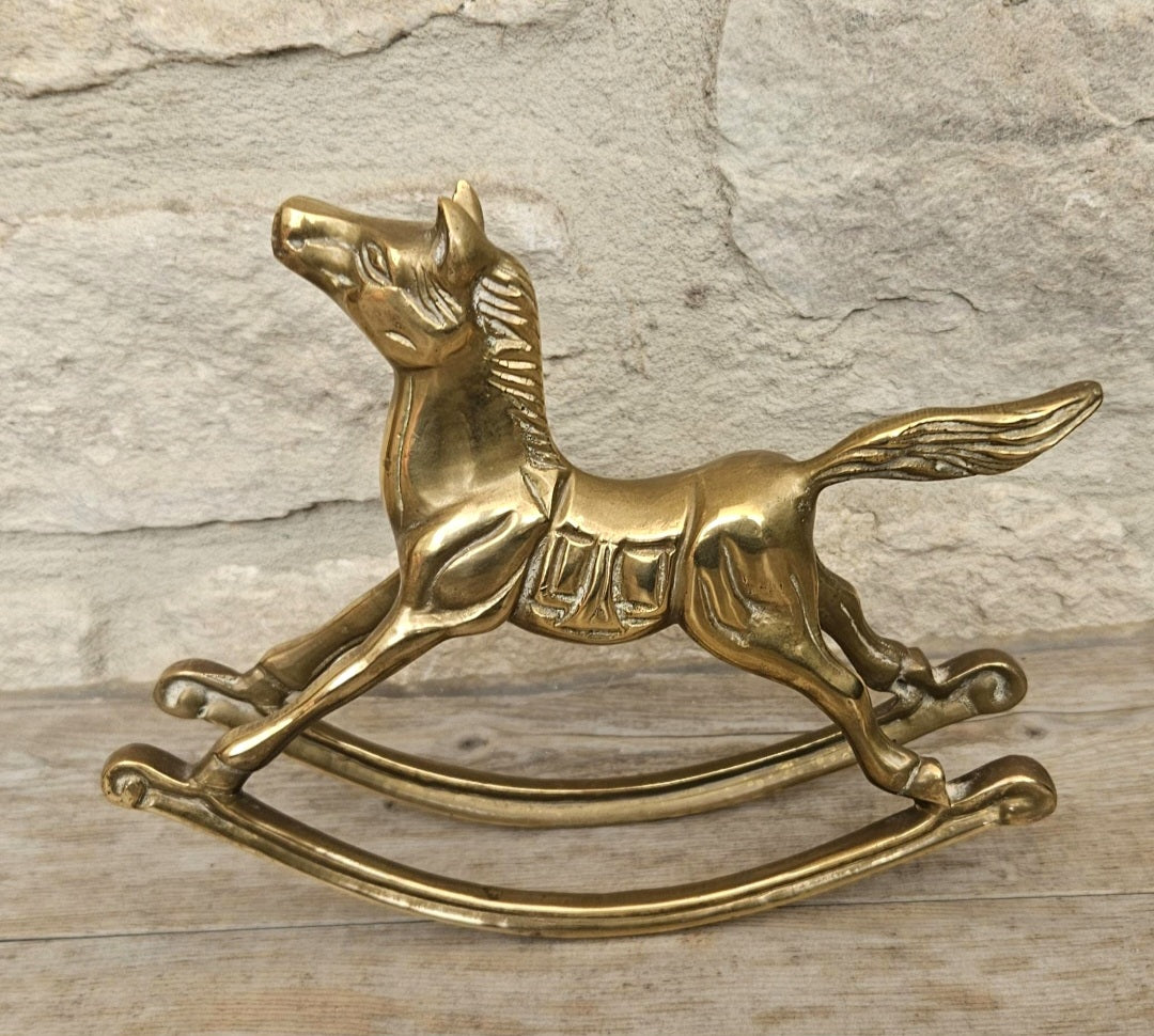 Vintage Brass Rocking Horse Ornament Medium Size 1980s Decorative Collectible Home Décor Figure