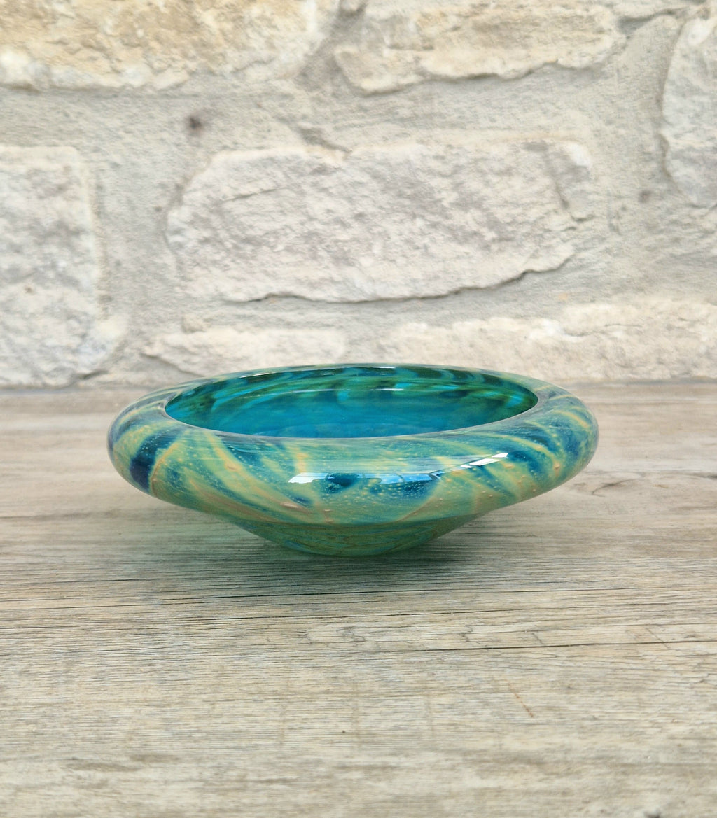 Mdina Glass Green Whirlpool Bowl Vintage 1970s Michael Harris Art Glass Malta