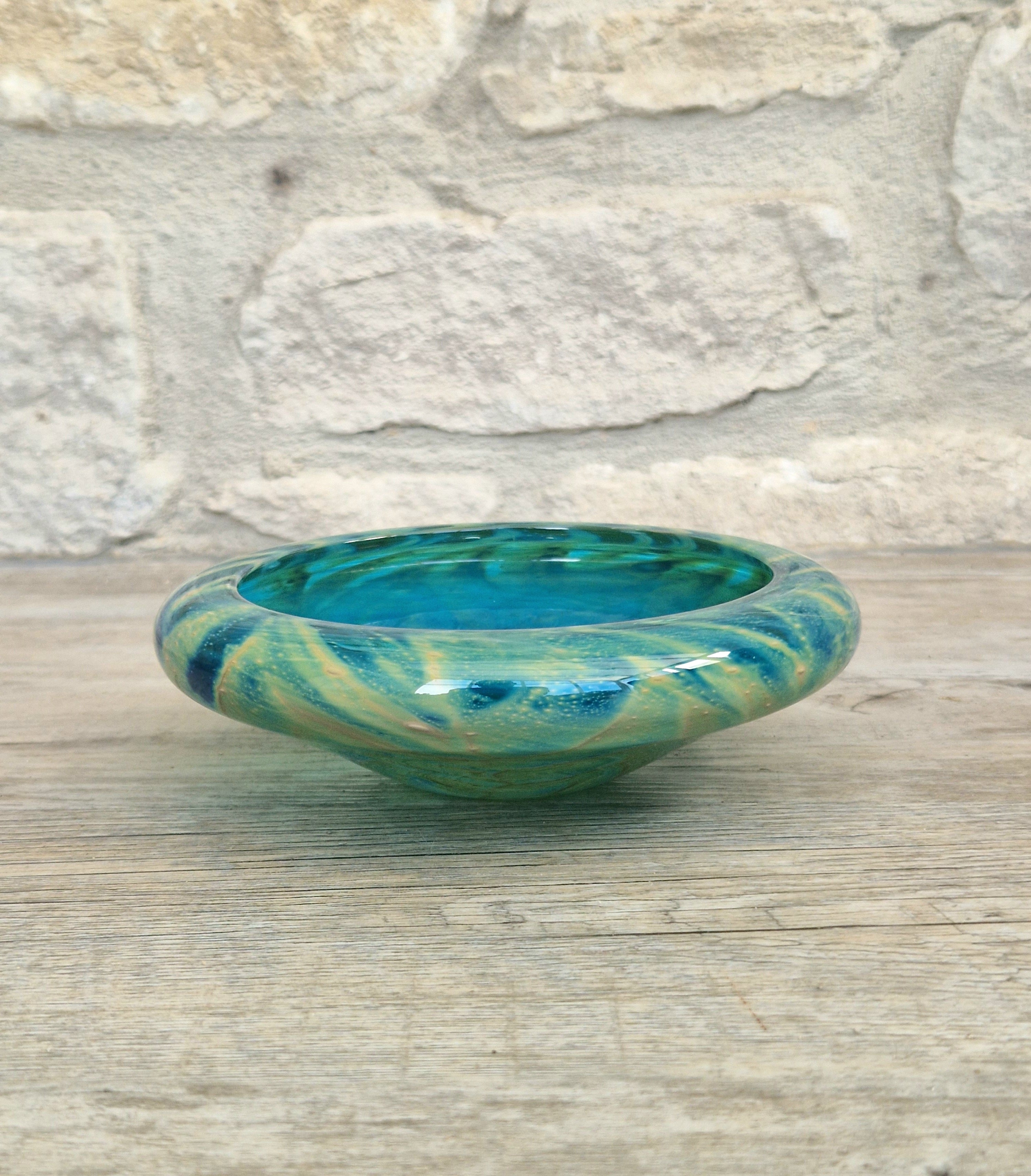 Mdina Glass Green Whirlpool Bowl Vintage 1970s Michael Harris Art Glass Malta