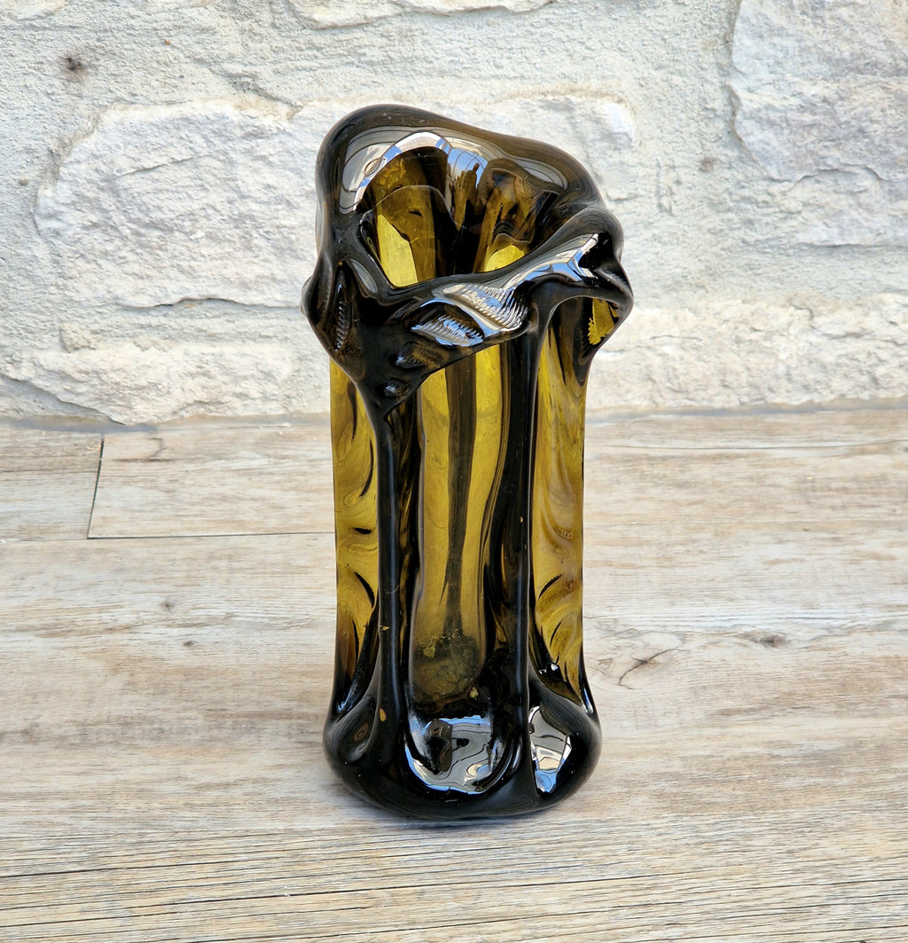 Vintage 1970s Polish Wołomin Hand Blown Smoked Amber Art Glass Pulled Freeform Ribbed Vase Rare Piece