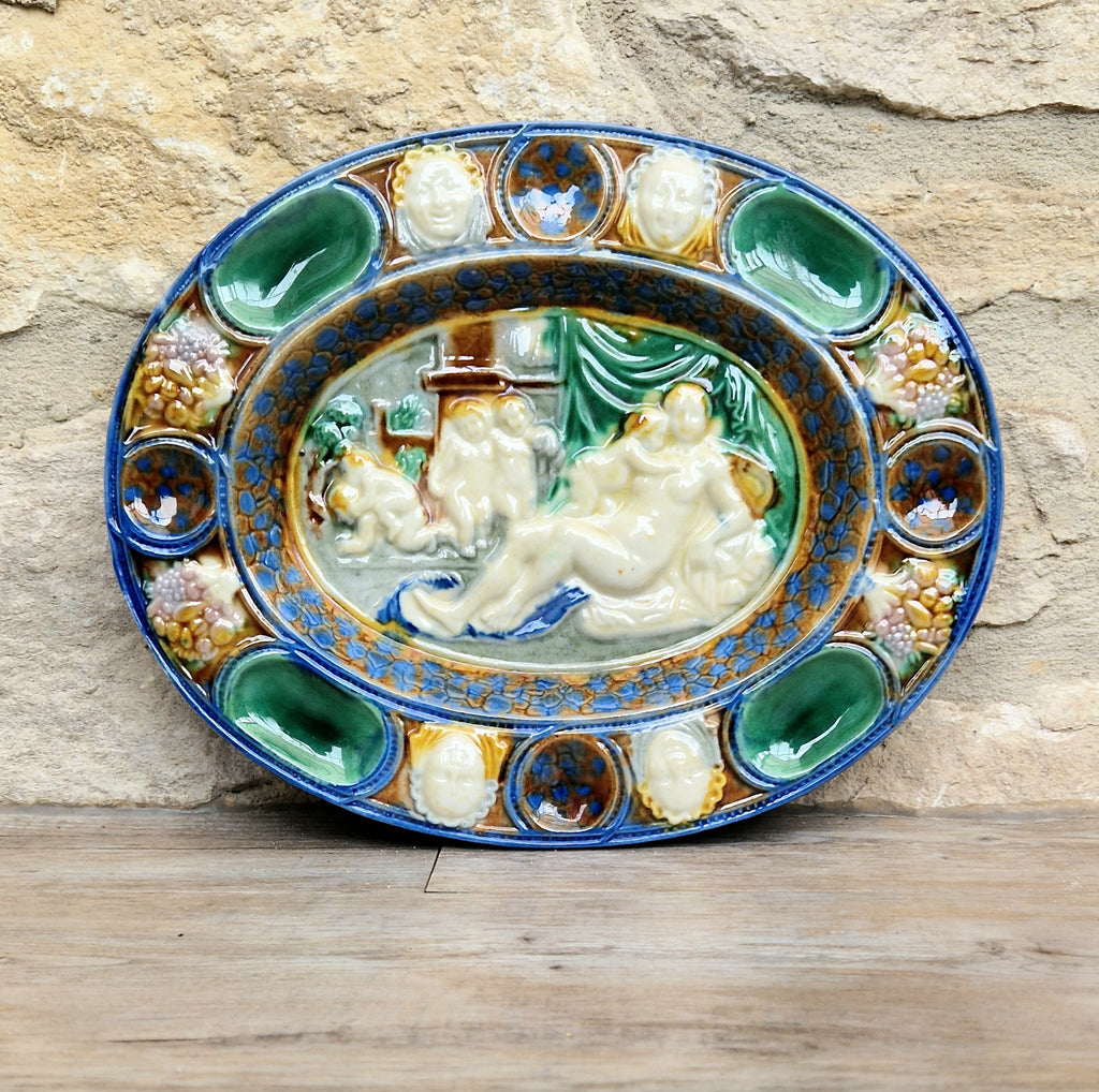 Antique Majolica Neoclassical Oval Serving Dish With Decorative Putti & Masks