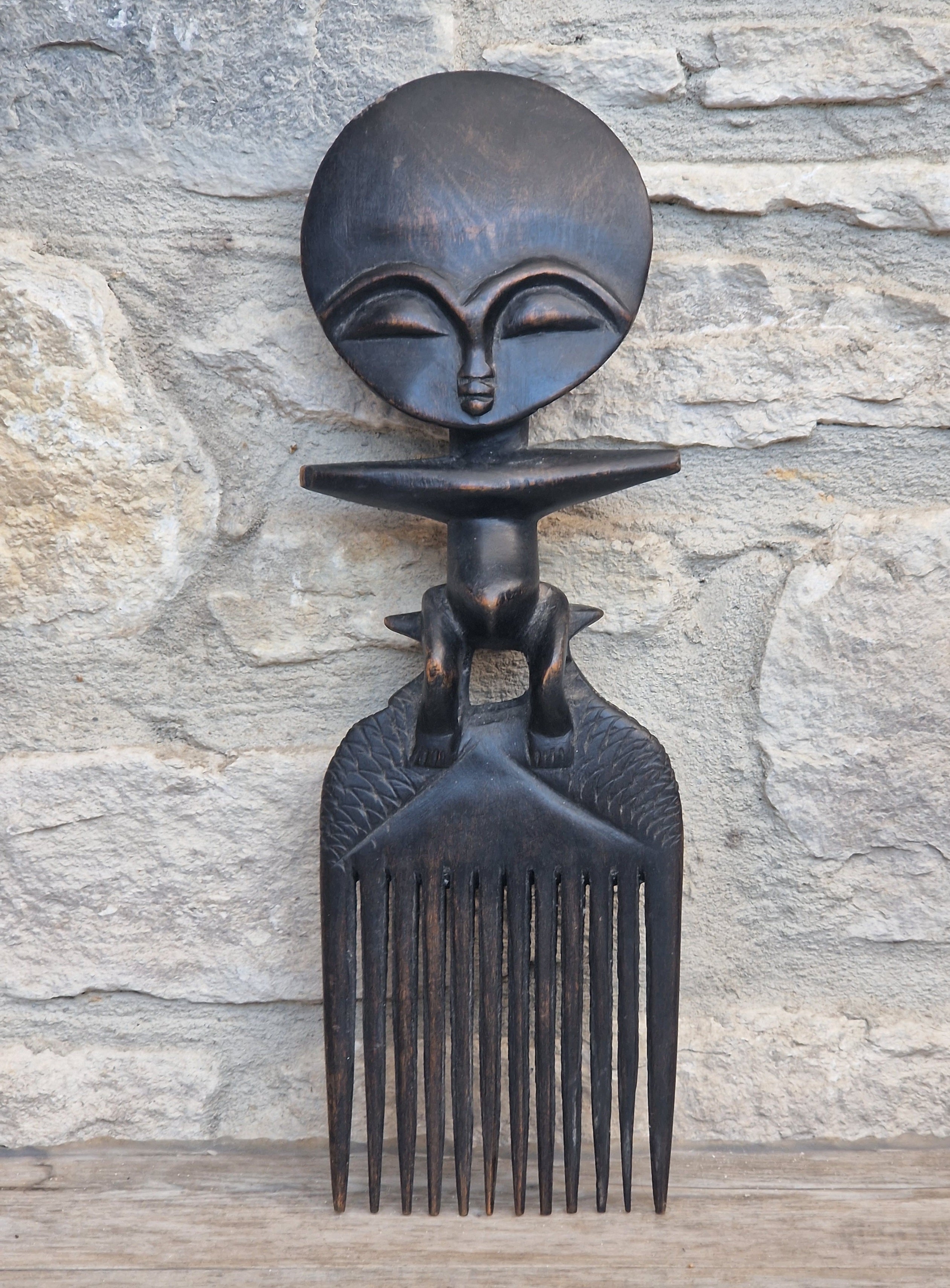 Vintage 31cm Ashanti Wooden Comb Duafe Hand Carved African Tribal Art Ghana Akuaba Doll