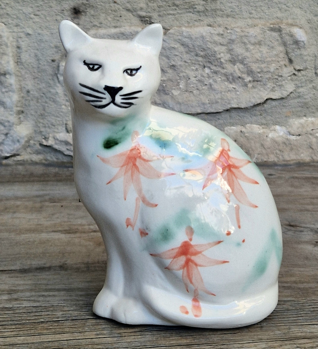 Vintage Moorland Pottery Seated Cat Figurine Hand Painted Fuchsia Floral Staffordshire Art Pottery
