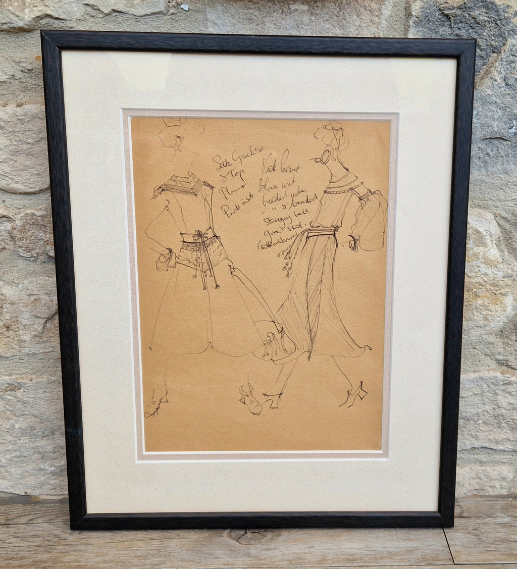 1970s Couture Fashion Drawings Double Framed Sketches Original Bill Gibb Style
