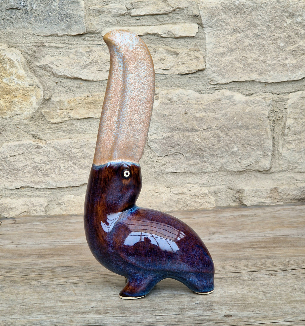 Rare 27cm Vintage Mid Century Ceramic Toucan Sculpture Mottled Treacle Blue Purple Art Pottery Bird