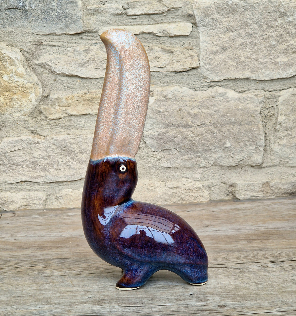 Rare 27cm Vintage Mid Century Ceramic Toucan Sculpture Mottled Treacle Blue Purple Art Pottery Bird