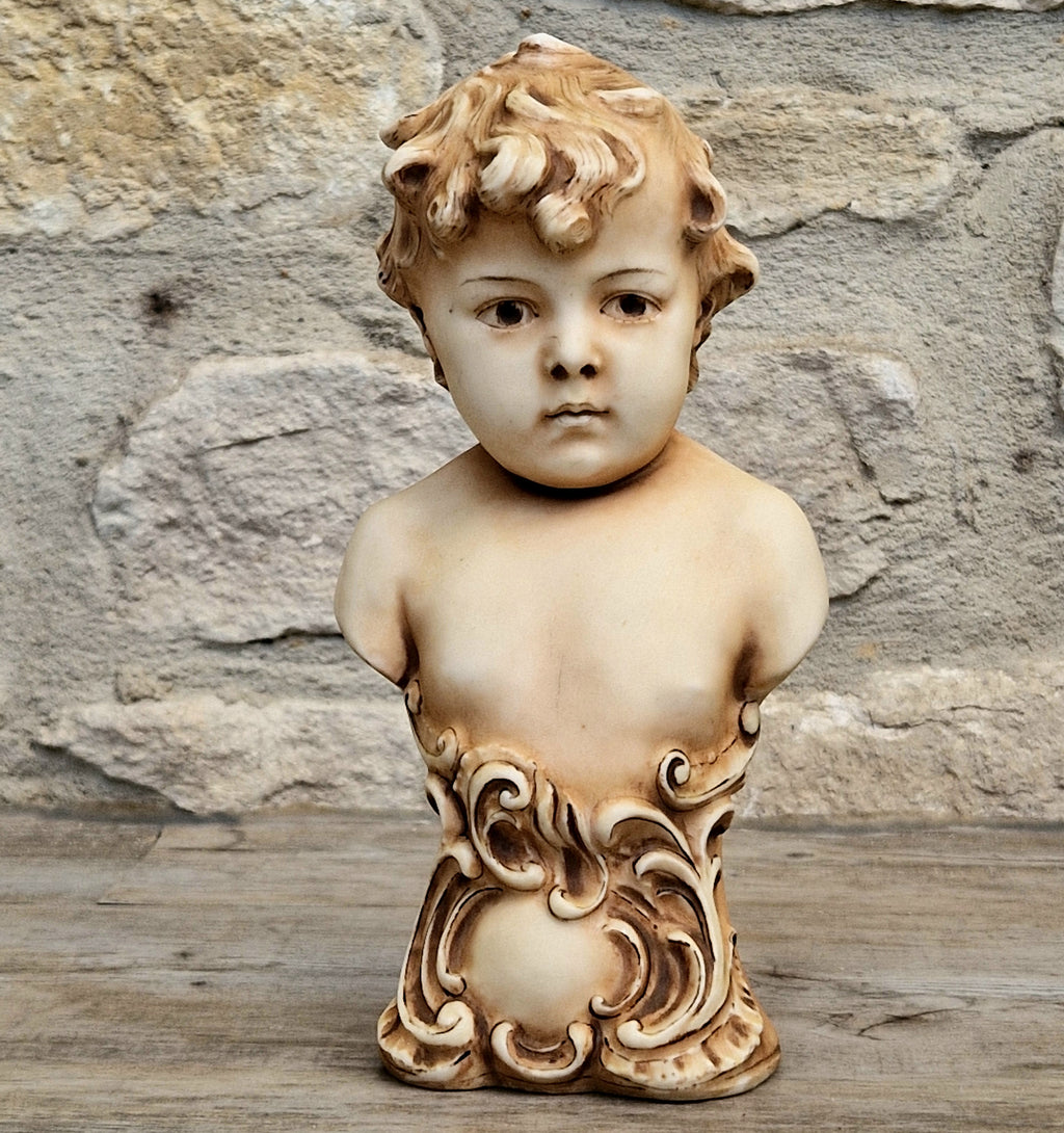 Antique NeoClassical Continental Patinated Bisque Porcelain Putti Boy Bust Figure Ornament