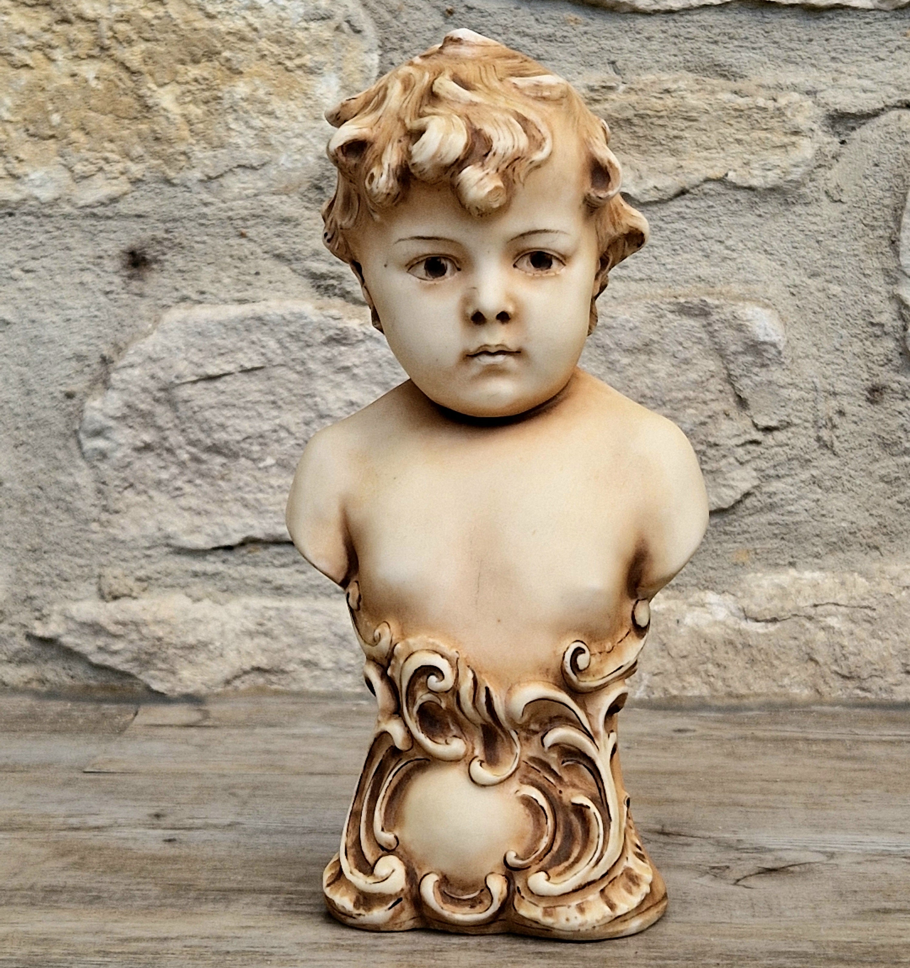 Antique NeoClassical Continental Patinated Bisque Porcelain Putti Boy Bust Figure Ornament