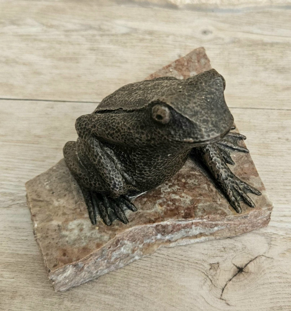 Vintage Metal Toad Figure On Granite Stone Plinth