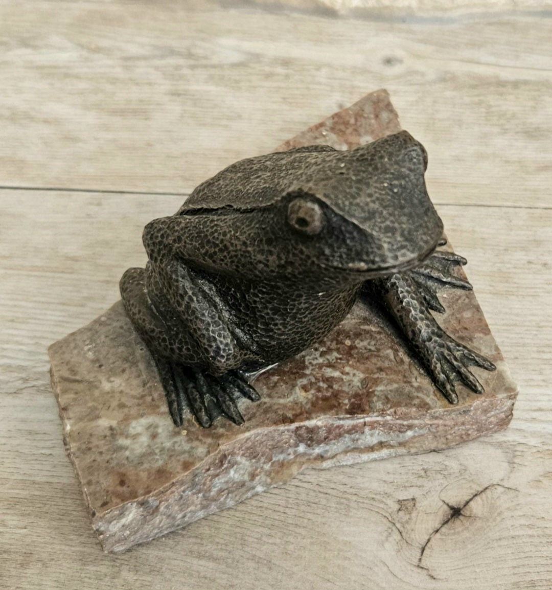 Vintage Metal Toad Figure On Granite Stone Plinth