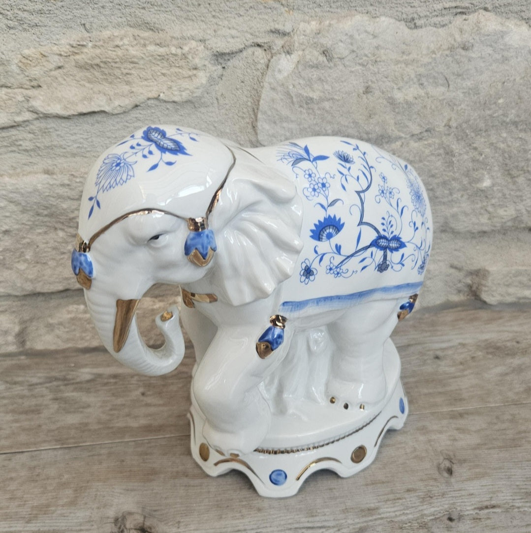 Vintage Elephant Figurine Porcelain Gold Accents Blue & White Floral Pattern Ceramic 7" Tall