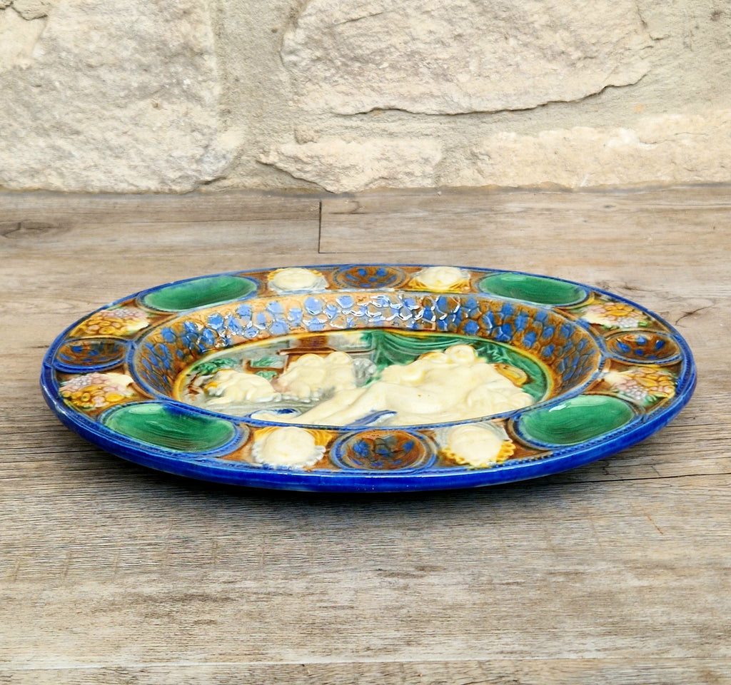 Antique Majolica Neoclassical Oval Serving Dish With Decorative Putti & Masks