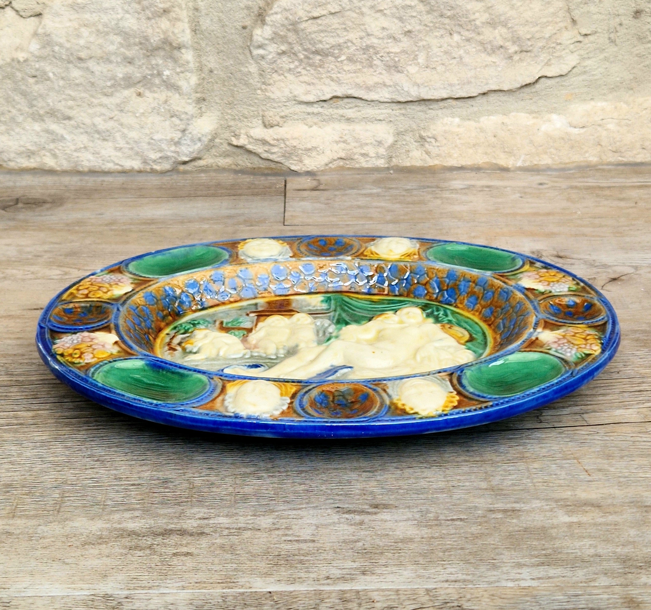 Antique Majolica Neoclassical Oval Serving Dish With Decorative Putti & Masks