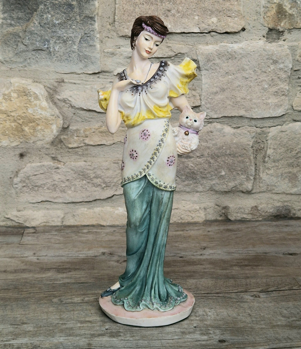Vintage 14” Art Deco Style Resin Lady Figurine with Cat, Elegance Statue Angelica Collection, 1.46kg Heavy Mantle Sculpture 36cm