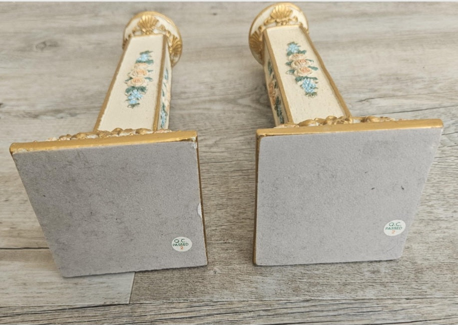 Ornate Vintage Pair Of Candlesticks Pedestal Column Resin Cream Gold Floral  9" Tall