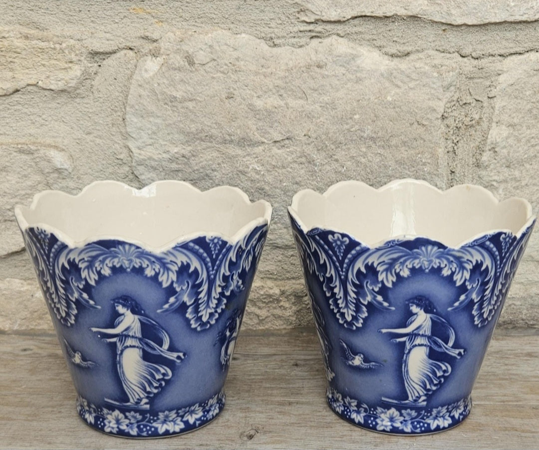 Vintage Pair Cache Pots Planters Blue & White Neoclassical Scalloped Edge Staffordshire Pottery England