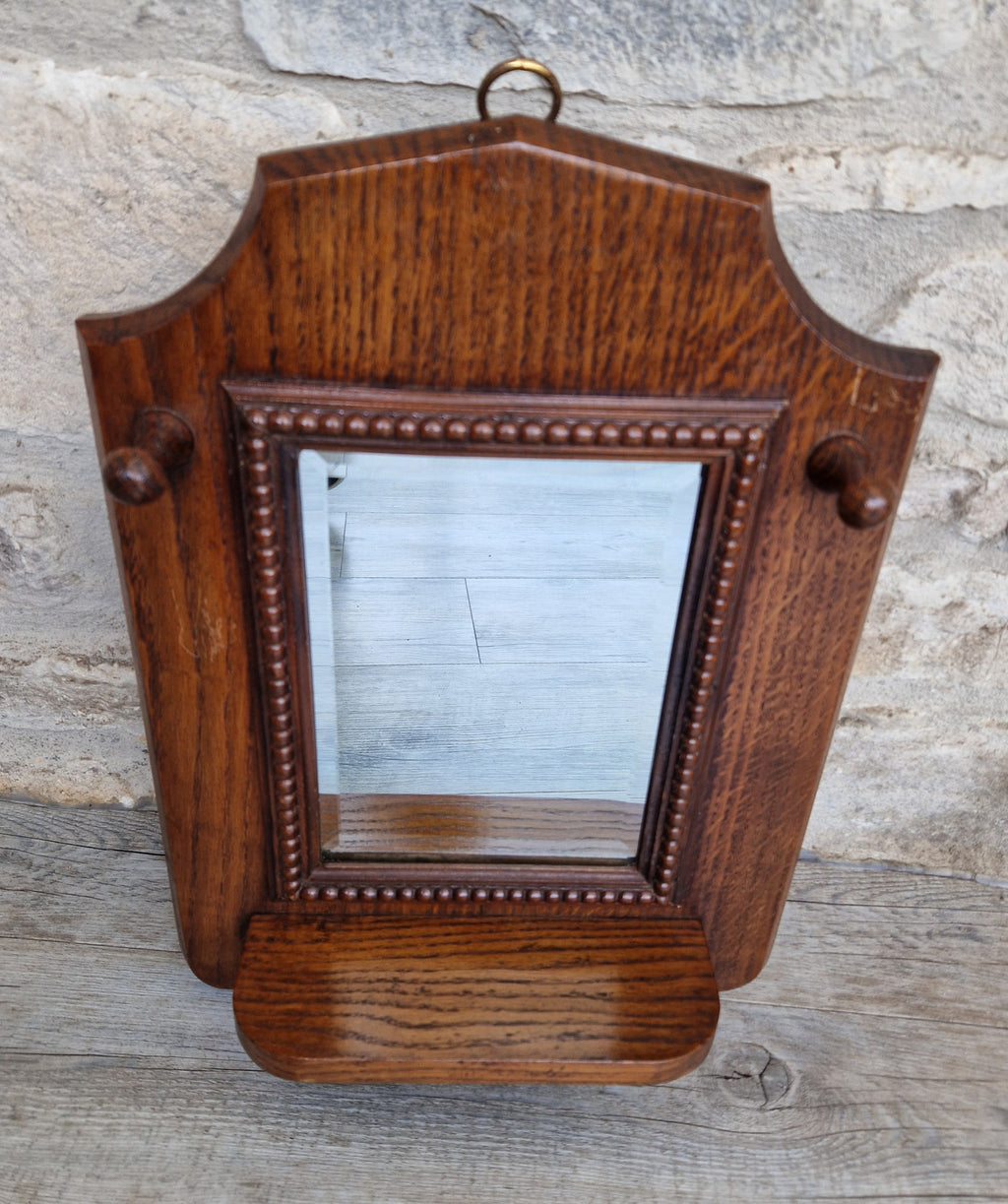 English Oak Arts & Crafts Wall Mirror Bevelled And Beaded Antique Mirror With Shelf And Hooks