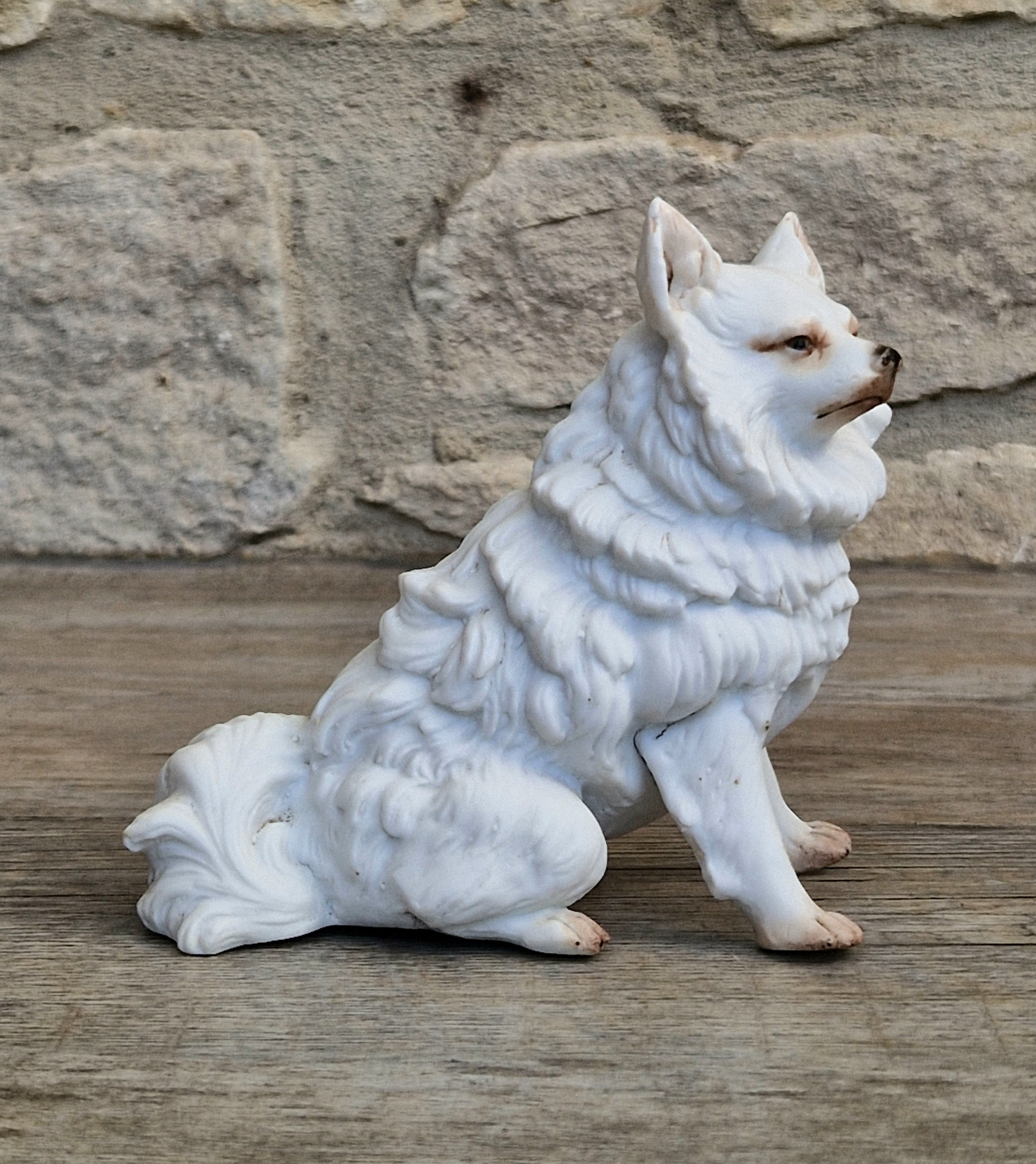 Antique Heubach Bisque Sitting Spitz Dog: German Figure, Circa 1864-1880