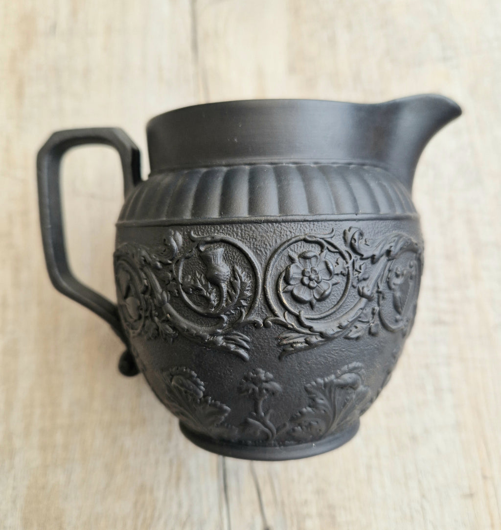 Antique Wedgwood Black Basalt Union Jug Creamer Pitcher Four Home Nations Relief Molded