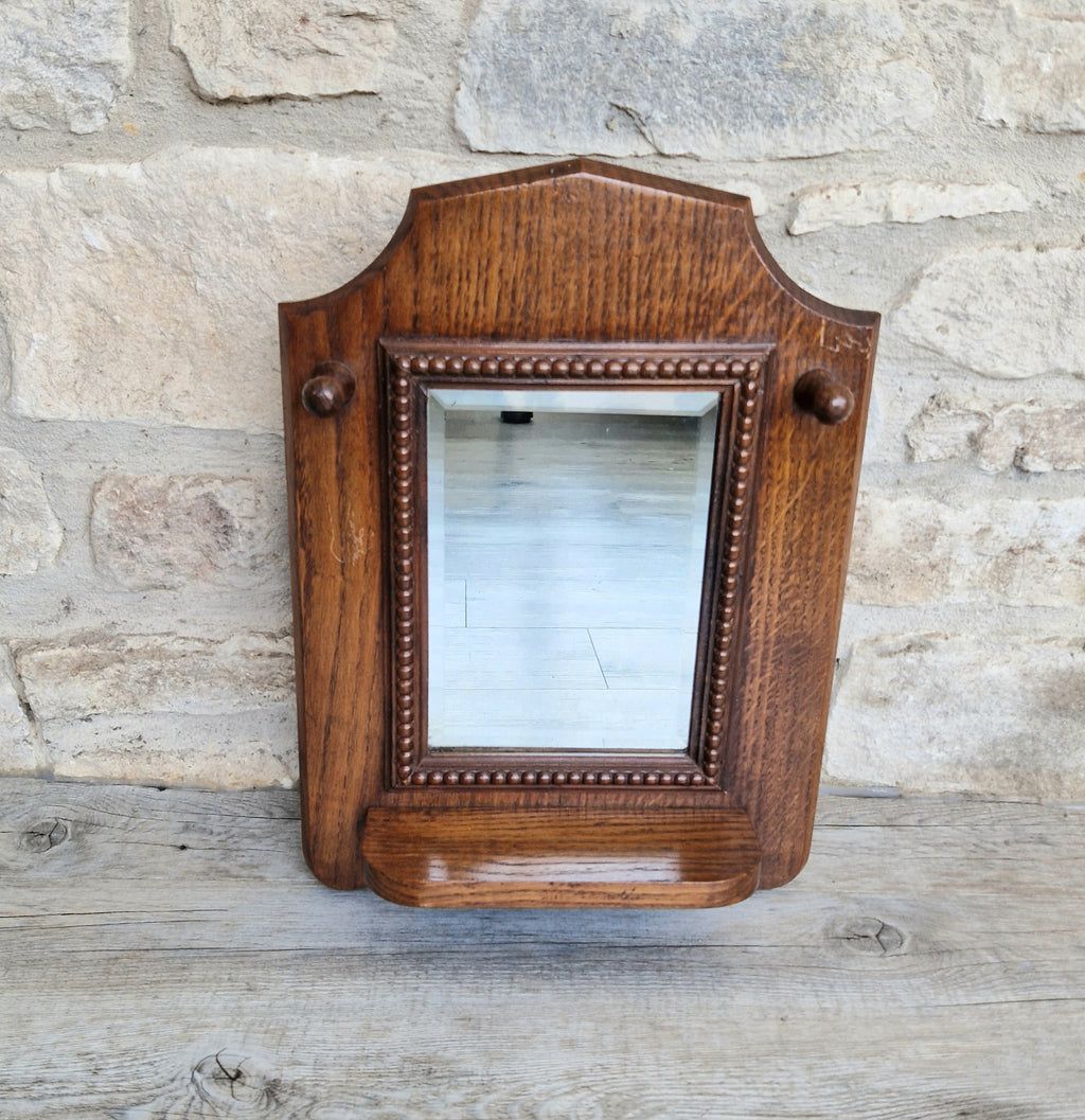English Oak Arts & Crafts Wall Mirror Bevelled And Beaded Antique Mirror With Shelf And Hooks