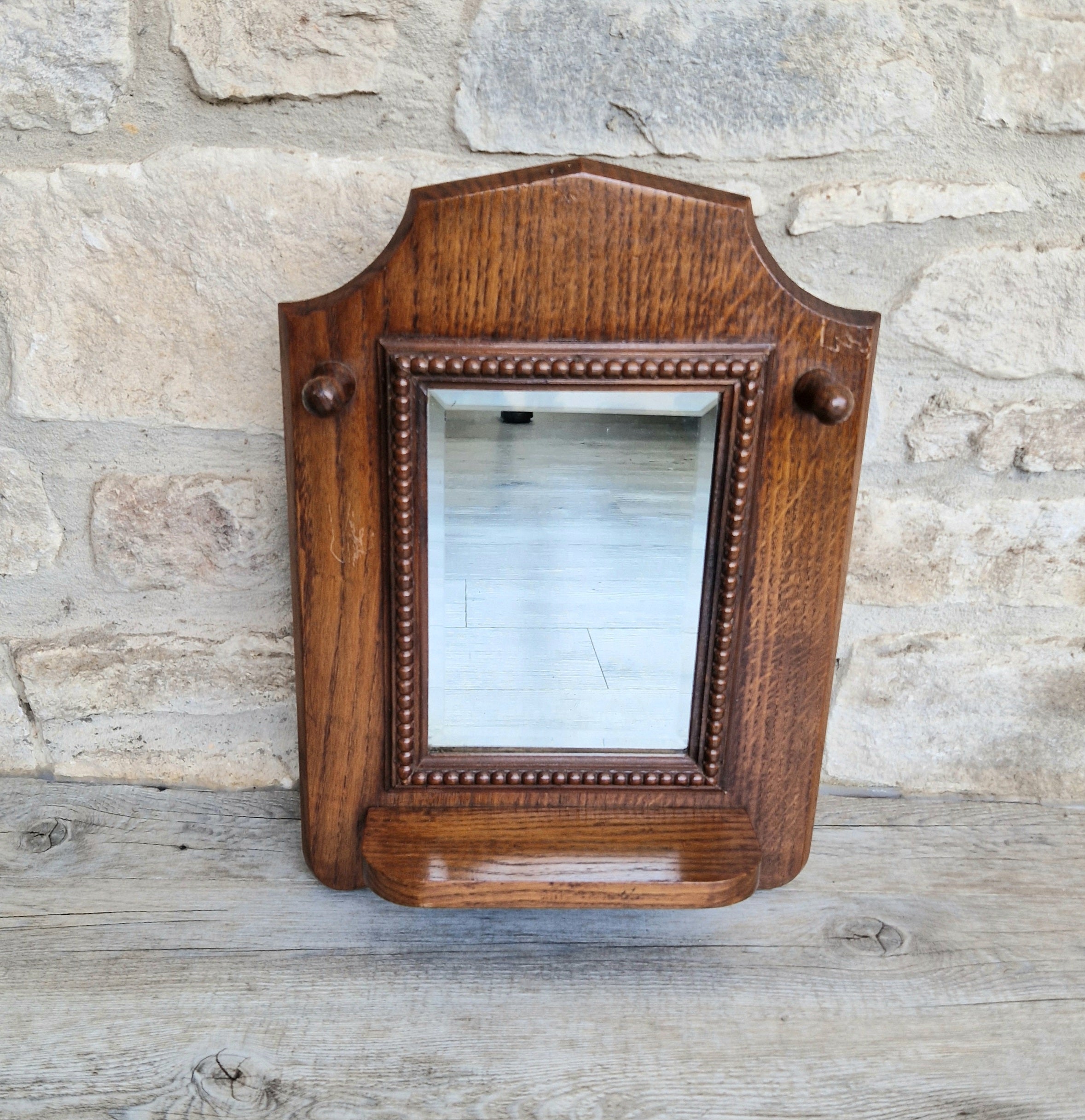 English Oak Arts & Crafts Wall Mirror Bevelled And Beaded Antique Mirror With Shelf And Hooks