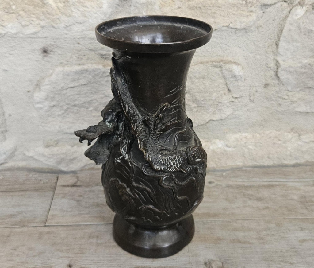 Antique Japanese Bronze Dragon Vase, Meiji Period 19th Century Asian Art Decor 18cm