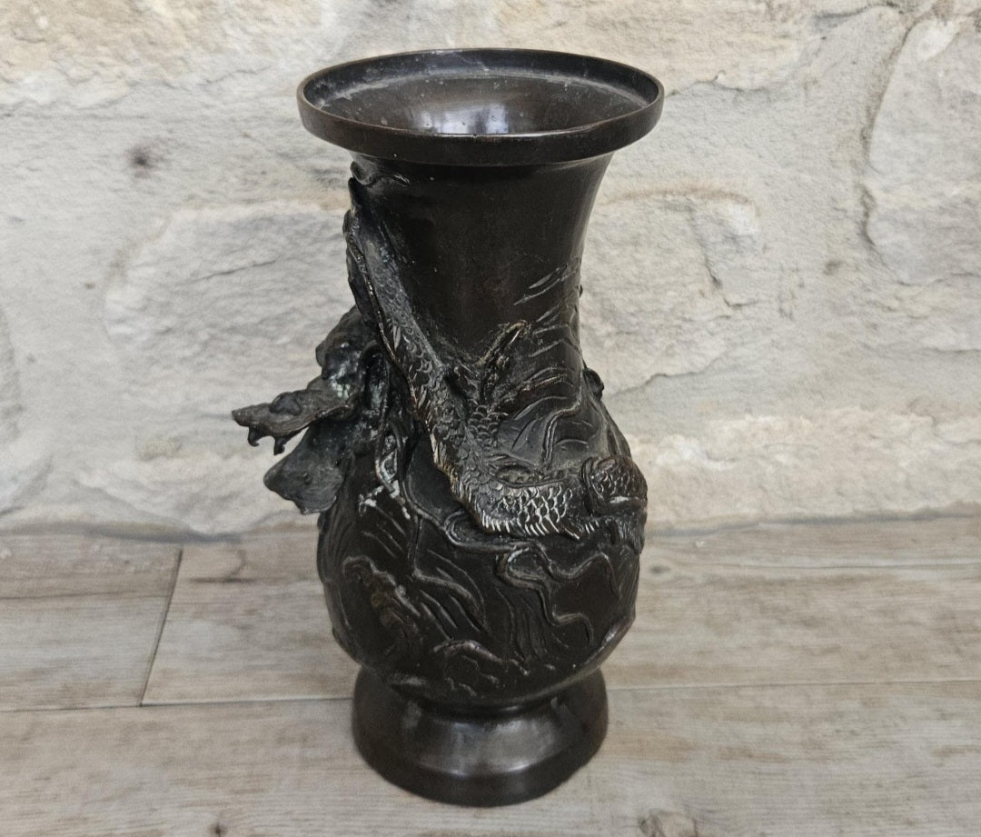 Antique Japanese Bronze Dragon Vase, Meiji Period 19th Century Asian Art Decor 18cm