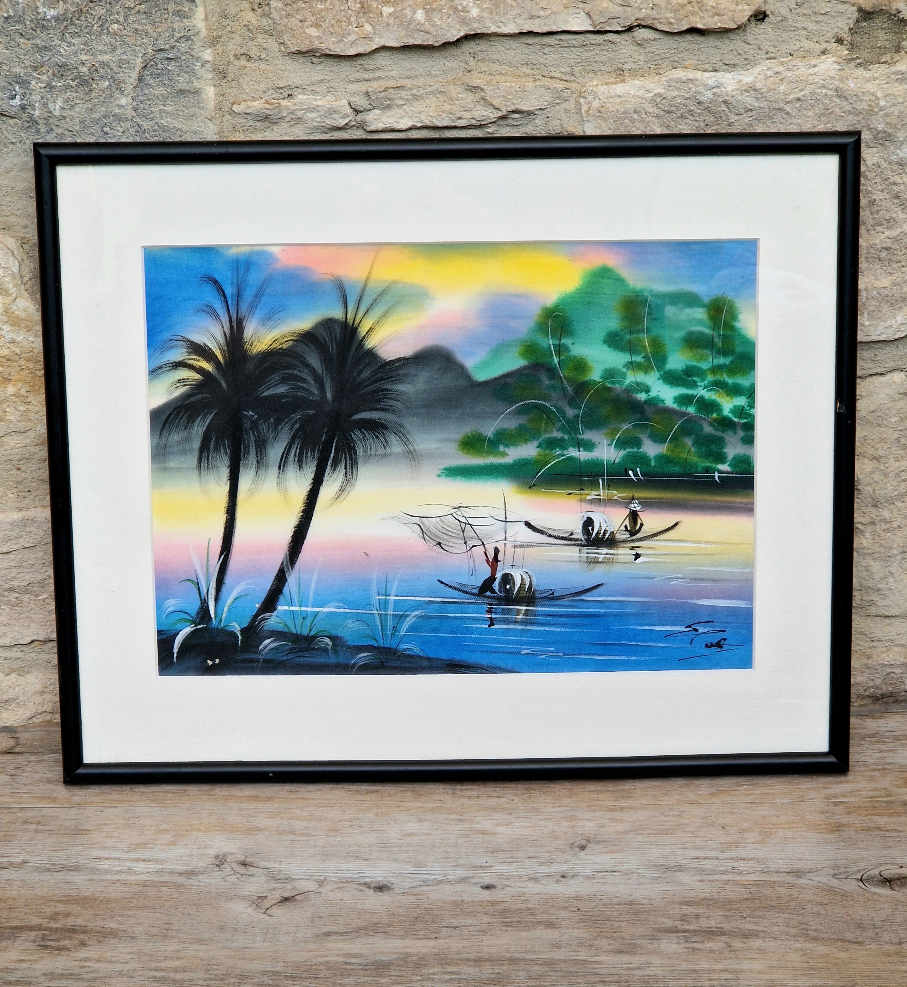 Vintage Silk Painting Framed River Landscape Vietnamese Traditional Asian Framed Wall Decor.