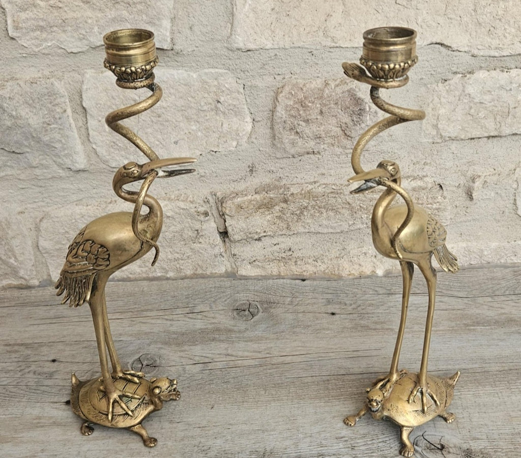 Pair of Antique Candlesticks Japanese Brass Crane Standing On Turtle With Snake Buddhist Early 20th C.