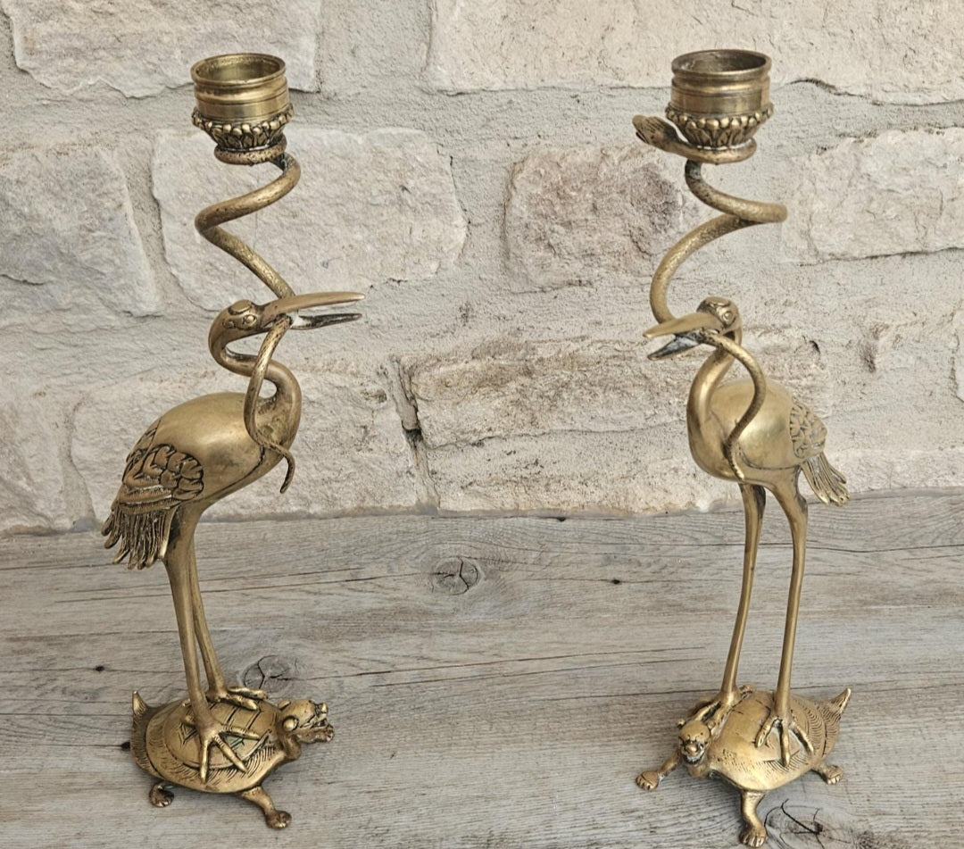Pair of Antique Candlesticks Japanese Brass Crane Standing On Turtle With Snake Buddhist Early 20th C.