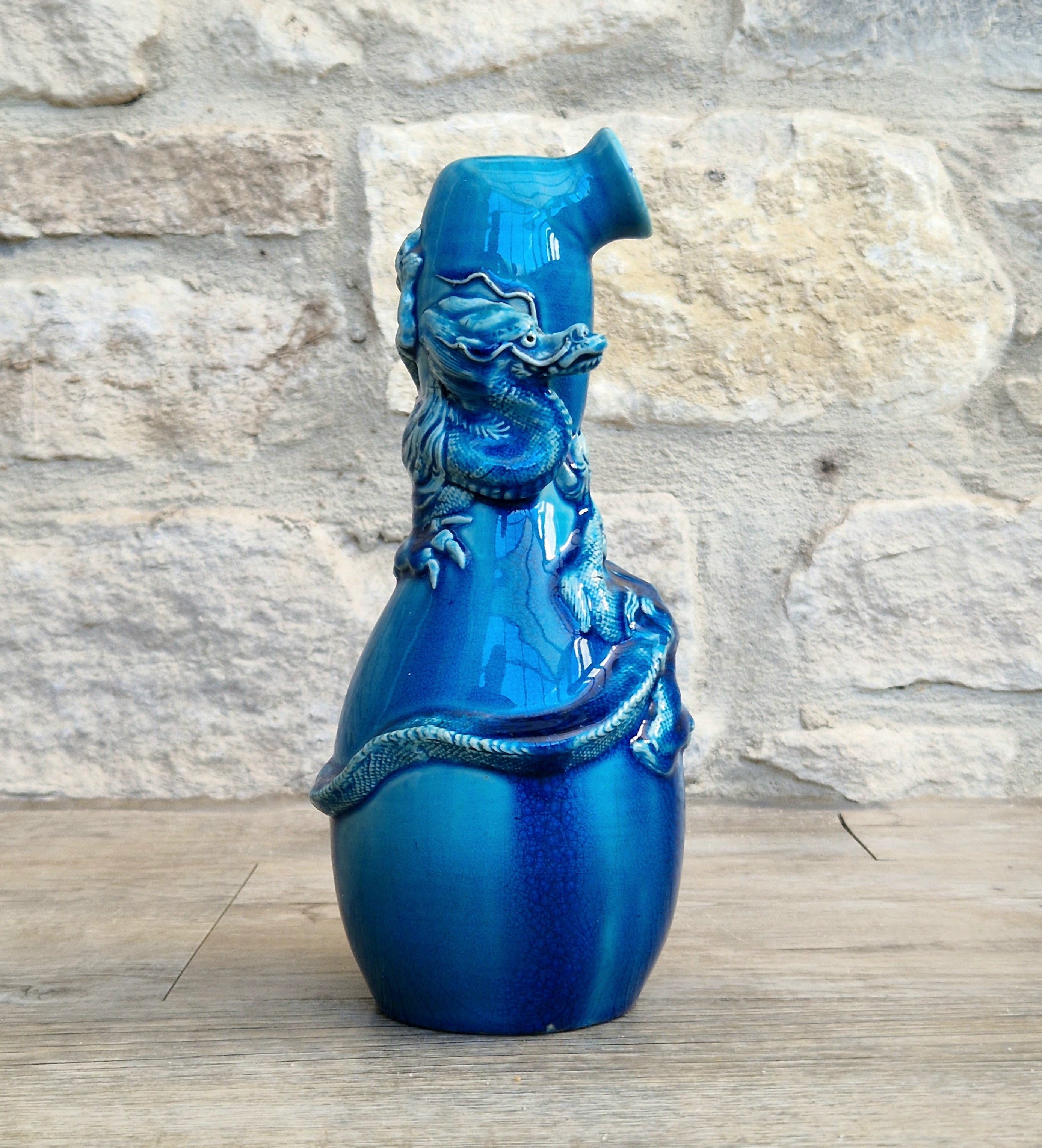 Antique Japanese Awaji Meiji Period Turquoise Pottery Dragon Bottle Vase