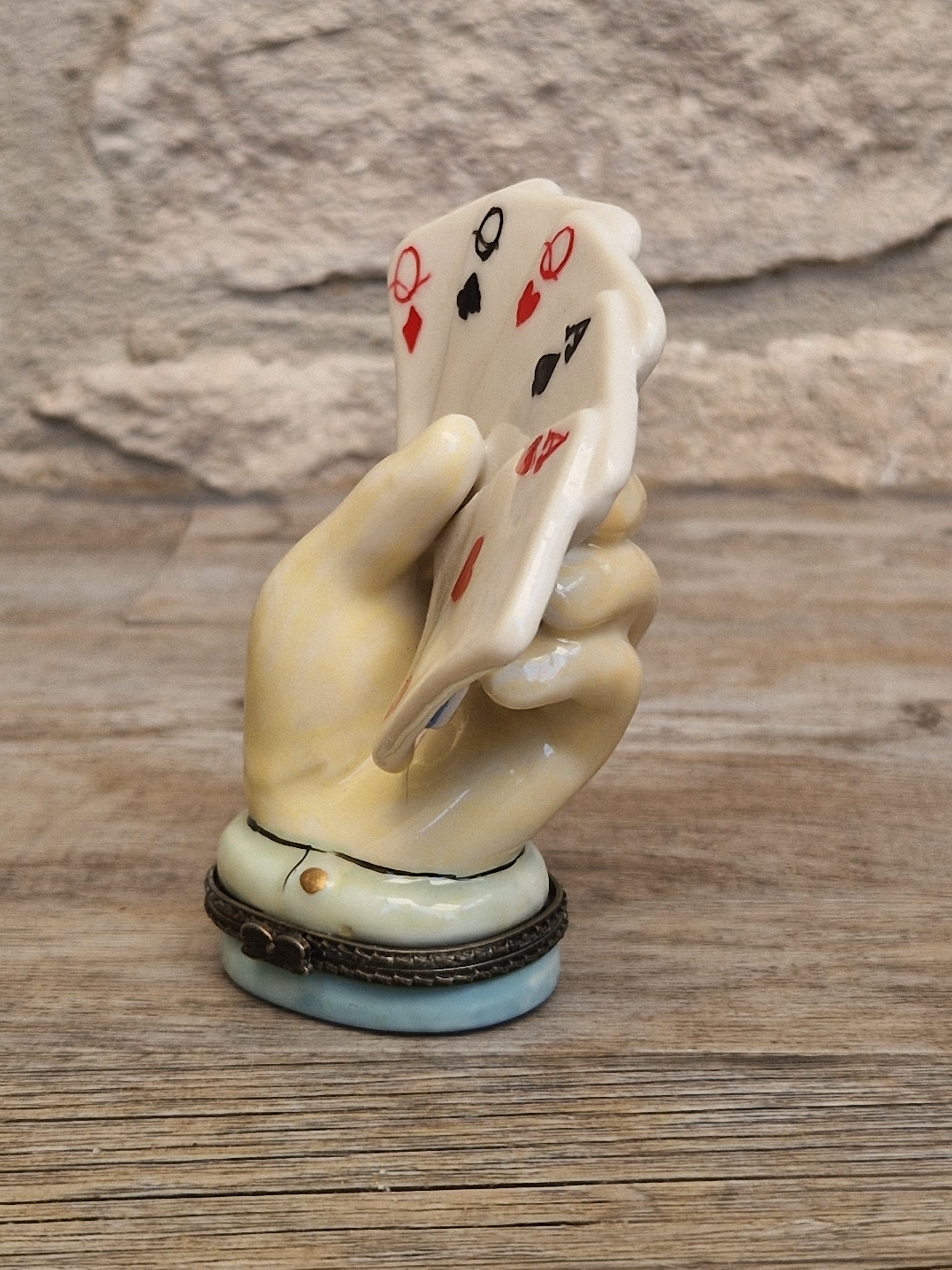 Vintage Rare Limoges Ceramic Poker Hand Full House Card Trinket Pill Box Casino