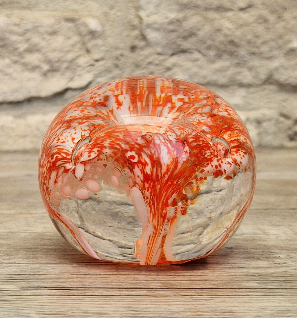 Vintage Rare Liskeard Glass Cornwall Orange & White Bubble Sphere Paperweight 1975
