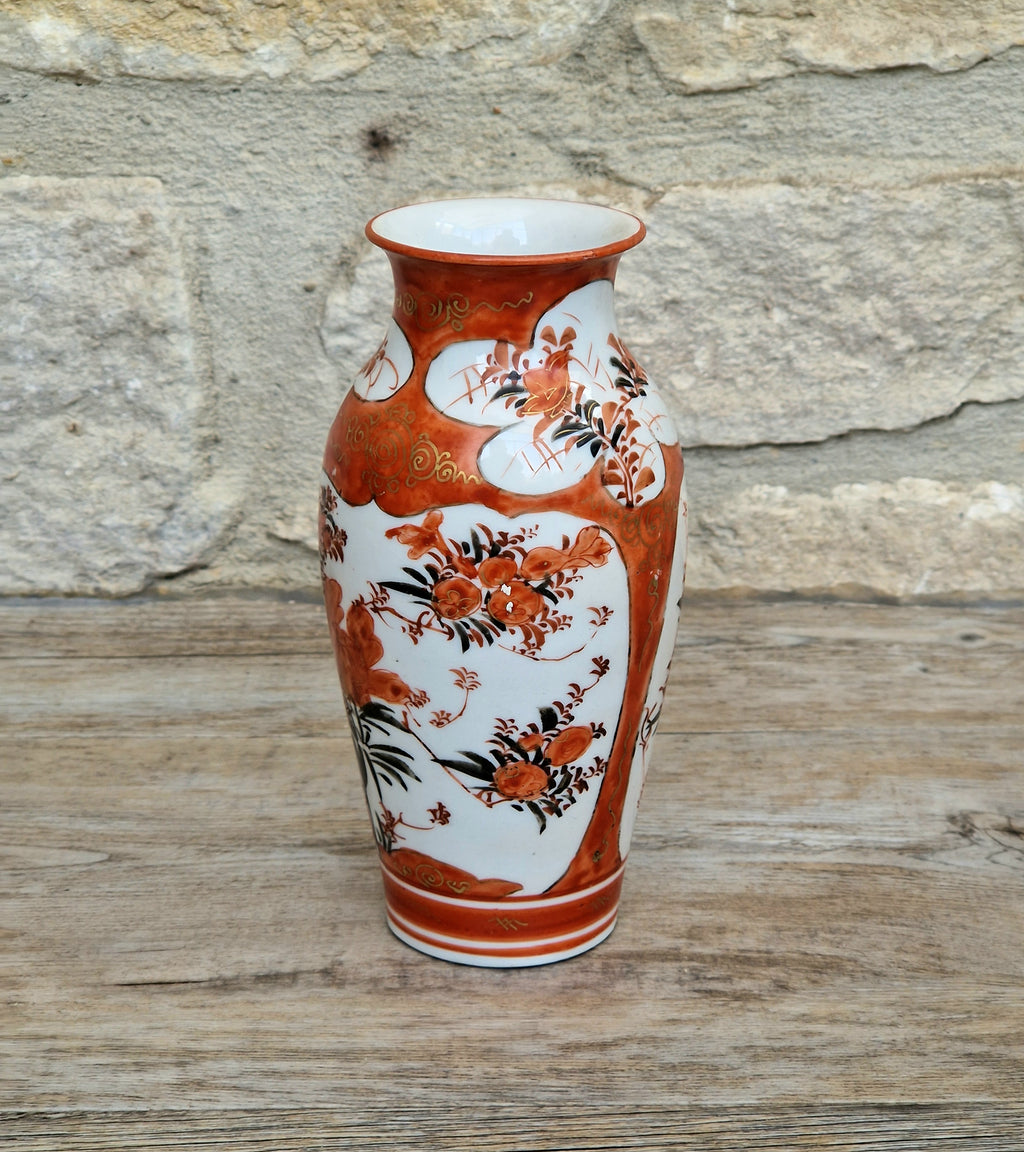 Small Antique Meiji Red Ground Gold Floral Hand-Painted Kutani Vase
