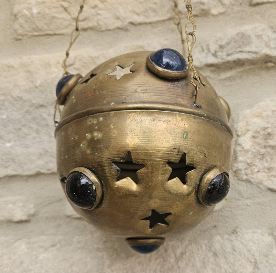 Vintage Pierced Brass Hanging Lantern with cabouchon verdigris Bohemian Moroccan