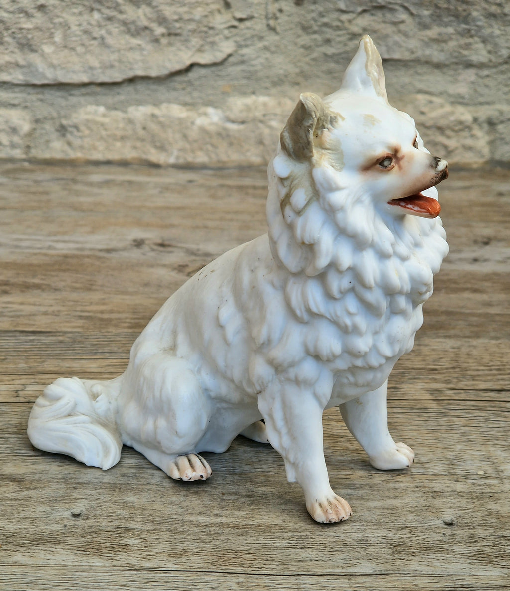 Antique Heubach Bisque Sitting Panting Spitz Dog: German Figure, Circa 1864-1880